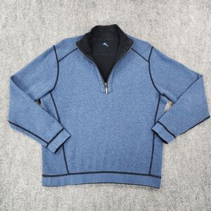 Tommy Bahama Sweater Mens Large Blue Black Flipsider 1/2 Zip Reversible Pullover
